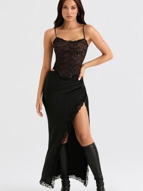 House of CB Black Satin Midi Slit Skirt with Lace
